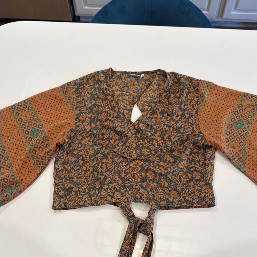 Floral Wrap Top with Orange and Green Accents